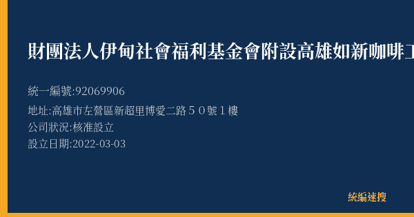 財團法人伊甸社會福利基金會附設高雄如新咖啡工坊的照片-統編 92069906(高雄市) 公司登記資料與營業項目詳細圖表