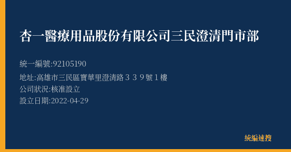 杏一醫療用品股份有限公司三民澄清門市部的照片-統編 92105190(高雄市) 公司登記資料與營業項目詳細圖表
