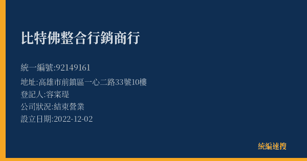 比特佛整合行銷商行的照片-統編 92149161(高雄市) 公司登記資料與營業項目詳細圖表