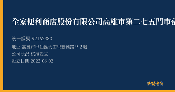 全家便利商店股份有限公司高雄市第二七五門市部的照片-統編 92162380(高雄市) 公司登記資料與營業項目詳細圖表