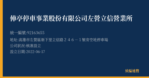 俥亭停車事業股份有限公司左營立信營業所的照片-統編 92163655(高雄市) 公司登記資料與營業項目詳細圖表