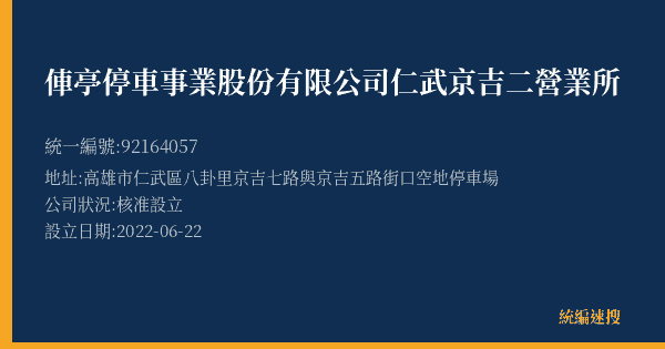 俥亭停車事業股份有限公司仁武京吉二營業所的照片-統編 92164057(高雄市) 公司登記資料與營業項目詳細圖表