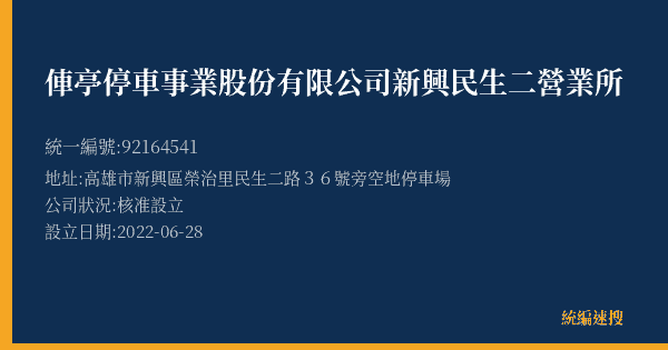 俥亭停車事業股份有限公司新興民生二營業所的照片-統編 92164541(高雄市) 公司登記資料與營業項目詳細圖表