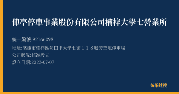 俥亭停車事業股份有限公司楠梓大學七營業所的照片-統編 92166098(高雄市) 公司登記資料與營業項目詳細圖表