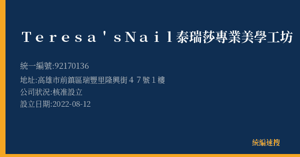 Teresa's Nail泰瑞莎專業美學工坊的照片-統編 92170136(高雄市) 公司登記資料與營業項目詳細圖表