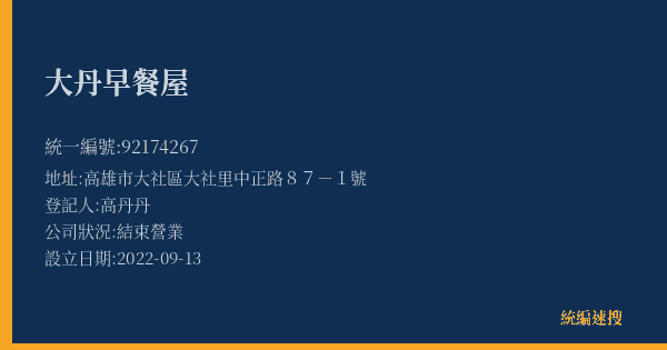 大丹早餐屋的照片-統編 92174267(高雄市) 公司登記資料與營業項目詳細圖表