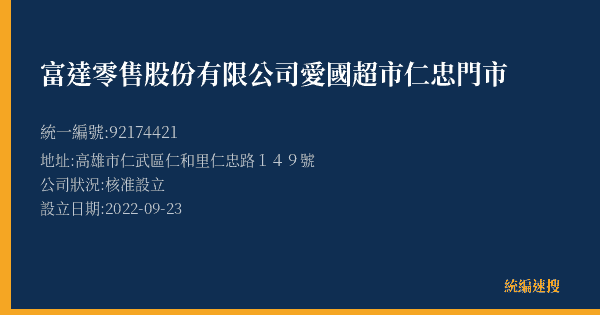 富達零售股份有限公司愛國超市仁忠門市的照片-統編 92174421(高雄市) 公司登記資料與營業項目詳細圖表