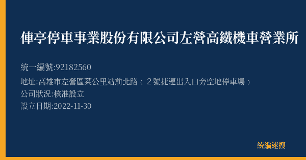 俥亭停車事業股份有限公司左營高鐵機車營業所的照片-統編 92182560(高雄市) 公司登記資料與營業項目詳細圖表