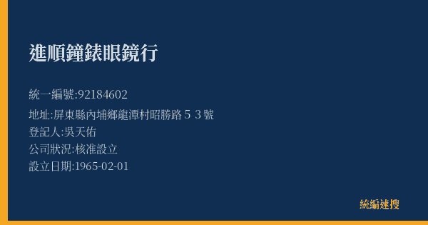進順鐘錶眼鏡行的照片-統編 92184602(屏東縣) 公司登記資料與營業項目詳細圖表