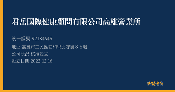 君岳國際健康顧問有限公司高雄營業所的照片-統編 92184645(高雄市) 公司登記資料與營業項目詳細圖表