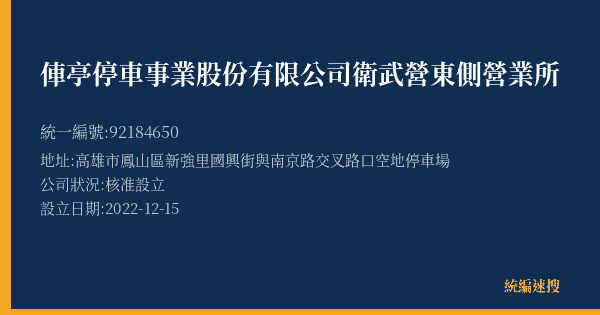 俥亭停車事業股份有限公司衛武營東側營業所的照片-統編 92184650(高雄市) 公司登記資料與營業項目詳細圖表