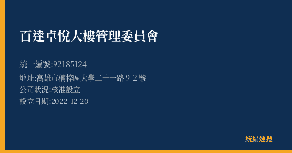 百達卓悅大樓管理委員會的照片-統編 92185124(高雄市) 公司登記資料與營業項目詳細圖表