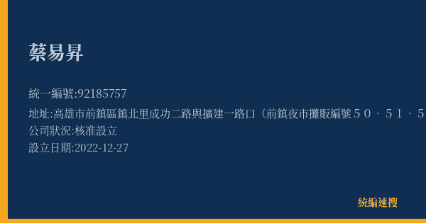 蔡易昇的照片-統編 92185757(高雄市) 公司登記資料與營業項目詳細圖表