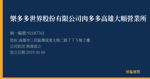 樂多多世界股份有限公司肉多多高雄大順營業所的照片-統編 92187761(高雄市) 公司登記資料與營業項目詳細圖表