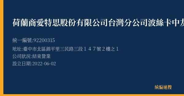 荷蘭商愛特思股份有限公司台灣分公司波絲卡中友店的照片-統編 92200315(臺中市) 公司登記資料與營業項目詳細圖表