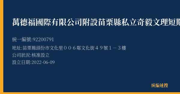 萬德福國際有限公司附設苗栗縣私立奇毅文理短期補習班的照片-統編 92200791(苗栗縣) 公司登記資料與營業項目詳細圖表