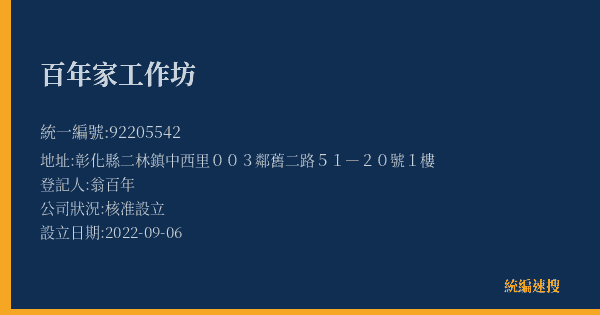 百年家工作坊的照片-統編 92205542(彰化縣) 公司登記資料與營業項目詳細圖表