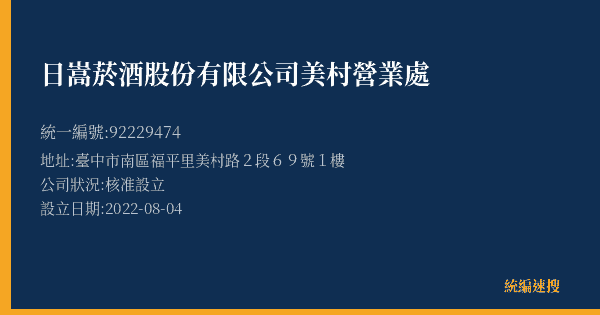 日嵩菸酒股份有限公司美村營業處的照片-統編 92229474(臺中市) 公司登記資料與營業項目詳細圖表