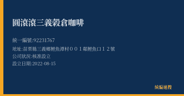 圓滾滾三義榖倉咖啡的照片-統編 92231767(苗栗縣) 公司登記資料與營業項目詳細圖表