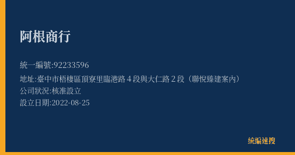 阿根商行的照片-統編 92233596(臺中市) 公司登記資料與營業項目詳細圖表
