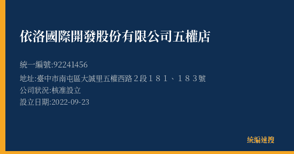 依洛國際開發股份有限公司五權店的照片-統編 92241456(臺中市) 公司登記資料與營業項目詳細圖表