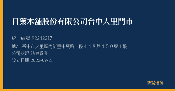 日藥本舖股份有限公司台中大里門市的照片-統編 92242217(臺中市) 公司登記資料與營業項目詳細圖表