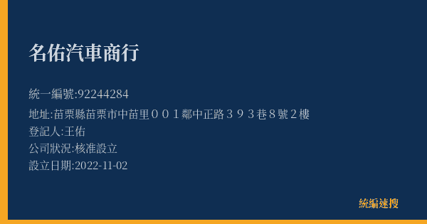 名佑汽車商行的照片-統編 92244284(苗栗縣) 公司登記資料與營業項目詳細圖表