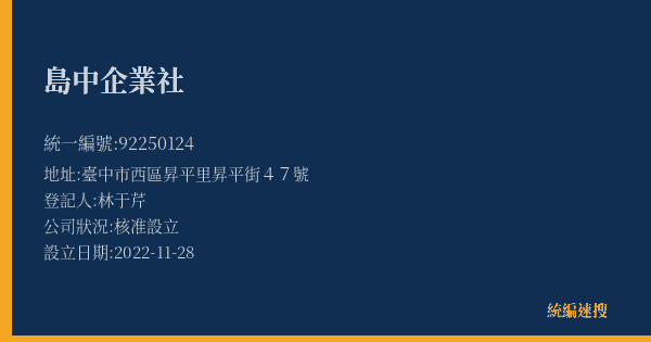 島中企業社的照片-統編 92250124(臺中市) 公司登記資料與營業項目詳細圖表