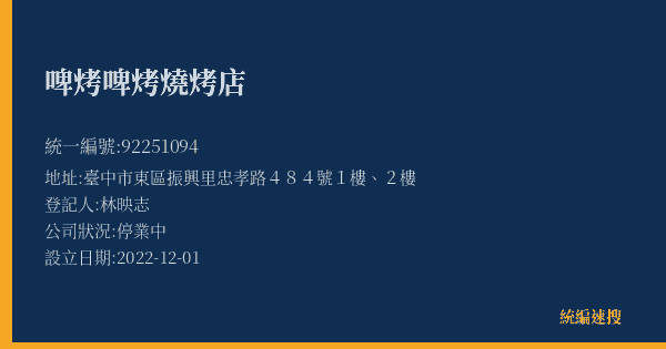 啤烤啤烤燒烤店的照片-統編 92251094(臺中市) 公司登記資料與營業項目詳細圖表