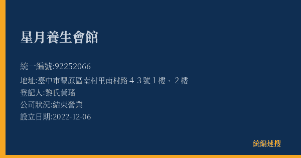 星月養生會館的照片-統編 92252066(臺中市) 公司登記資料與營業項目詳細圖表