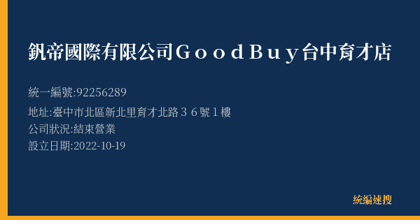 釩帝國際有限公司GoodBuy台中育才店的照片-統編 92256289(臺中市) 公司登記資料與營業項目詳細圖表