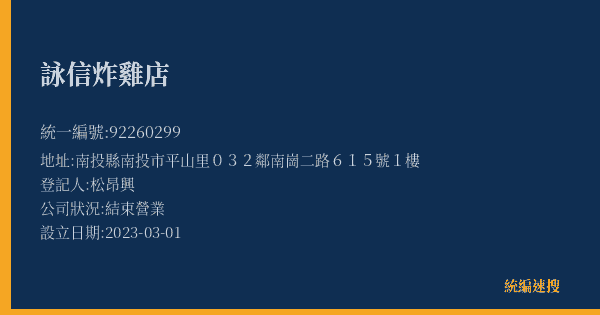 詠信炸雞店的照片-統編 92260299(南投縣) 公司登記資料與營業項目詳細圖表