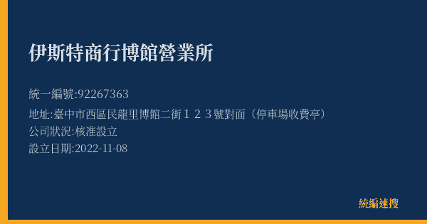 伊斯特商行博館營業所的照片-統編 92267363(臺中市) 公司登記資料與營業項目詳細圖表