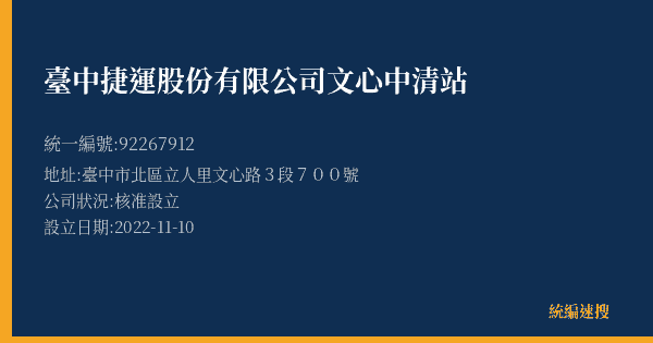 臺中捷運股份有限公司文心中清站的照片-統編 92267912(臺中市) 公司登記資料與營業項目詳細圖表