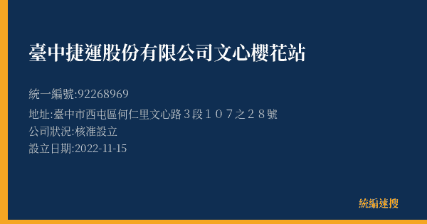 臺中捷運股份有限公司文心櫻花站的照片-統編 92268969(臺中市) 公司登記資料與營業項目詳細圖表