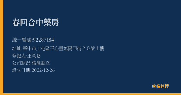 春回合中藥房的照片-統編 92287184(臺中市) 公司登記資料與營業項目詳細圖表