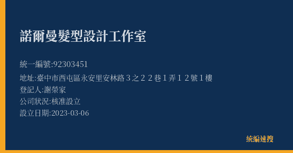 諾爾曼髮型設計工作室的照片-統編 92303451(臺中市) 公司登記資料與營業項目詳細圖表