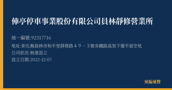 俥亭停車事業股份有限公司員林靜修營業所的照片-統編 92317716(彰化縣) 公司登記資料與營業項目詳細圖表