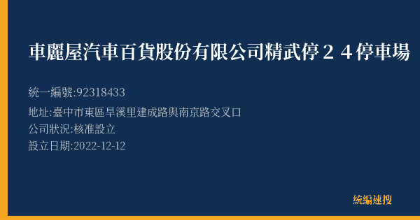 車麗屋汽車百貨股份有限公司精武停24停車場的照片-統編 92318433(臺中市) 公司登記資料與營業項目詳細圖表