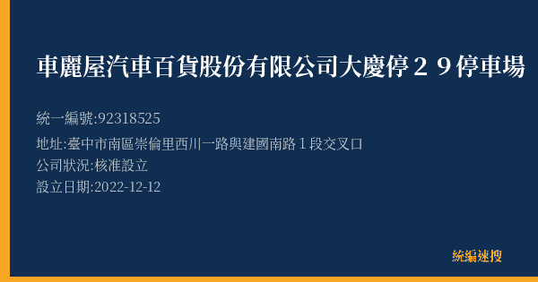 車麗屋汽車百貨股份有限公司大慶停29停車場的照片-統編 92318525(臺中市) 公司登記資料與營業項目詳細圖表