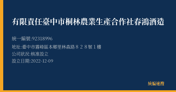 有限責任臺中市桐林農業生產合作社春鴻酒造的照片-統編 92318996(臺中市) 公司登記資料與營業項目詳細圖表