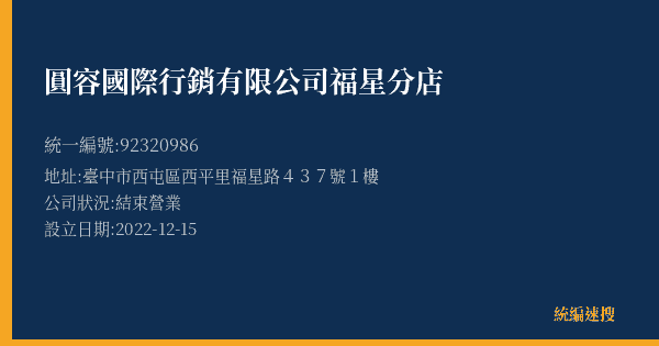 圓容國際行銷有限公司福星分店的照片-統編 92320986(臺中市) 公司登記資料與營業項目詳細圖表