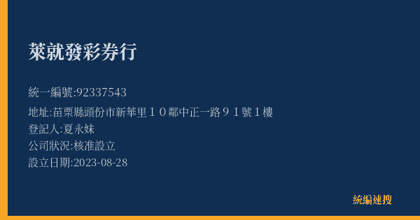 萊就發彩券行的照片-統編 92337543(苗栗縣) 公司登記資料與營業項目詳細圖表