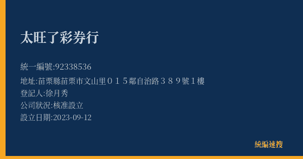 太旺了彩券行的照片-統編 92338536(苗栗縣) 公司登記資料與營業項目詳細圖表