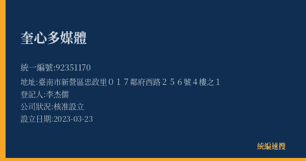 奎心多媒體的照片-統編 92351170(臺南市) 公司登記資料與營業項目詳細圖表