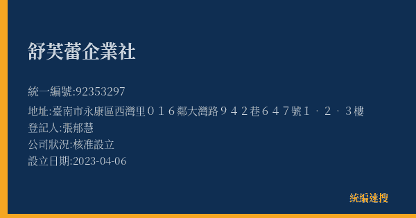 舒芙蕾企業社的照片-統編 92353297(臺南市) 公司登記資料與營業項目詳細圖表