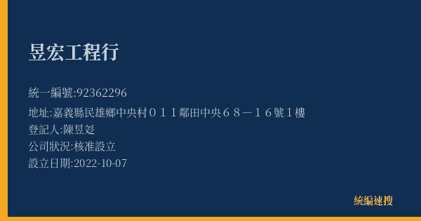 昱宏工程行的照片-統編 92362296(嘉義縣) 公司登記資料與營業項目詳細圖表
