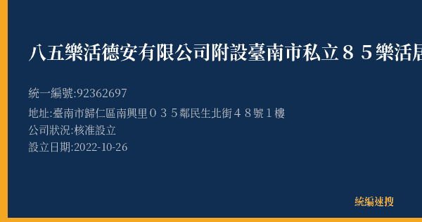 八五樂活德安有限公司附設臺南市私立85樂活居家長照機構的照片-統編 92362697(臺南市) 公司登記資料與營業項目詳細圖表