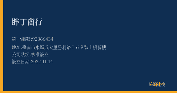 胖丁商行的照片-統編 92366434(臺南市) 公司登記資料與營業項目詳細圖表