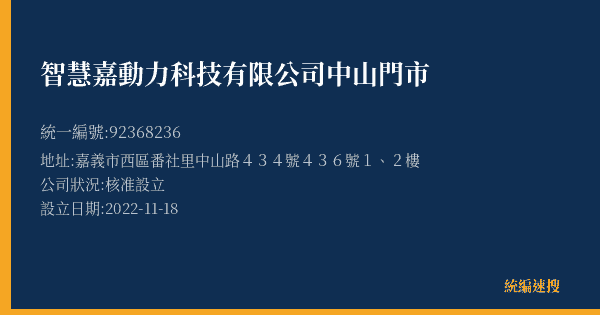 智慧嘉動力科技有限公司中山門市的照片-統編 92368236(嘉義市) 公司登記資料與營業項目詳細圖表